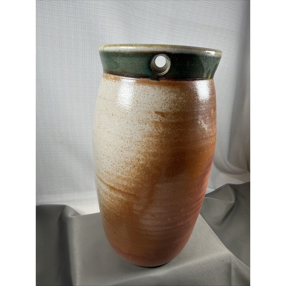 Buck Pottery Gruene Texas Stoneware Vase 2002 Hand Thrown Art Green Orange 9.75”
